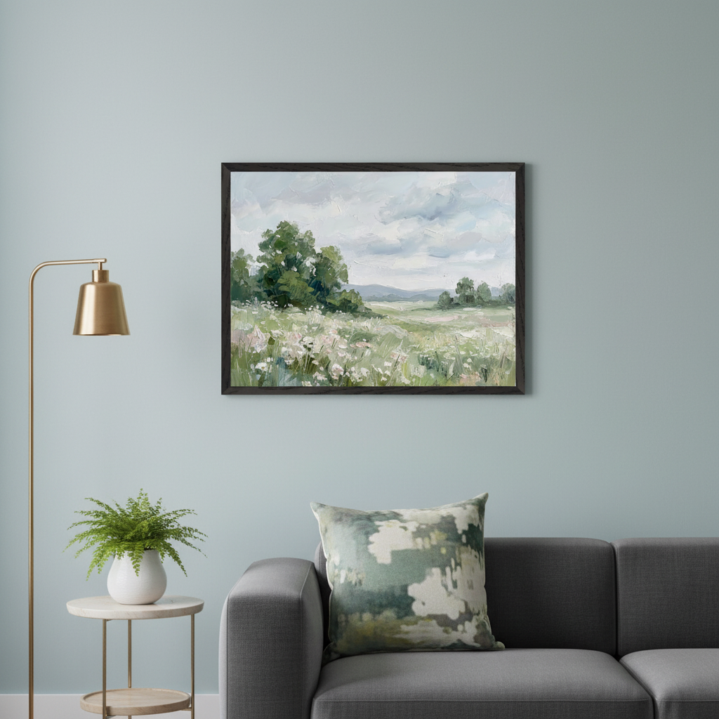 Modern living room with a dark gray sofa, green patterned throw pillow, and brass floor lamp. A framed landscape painting of a field of wildflowers, trees, and hills under a cloudy sky hangs on a light blue-green wall above the sofa.