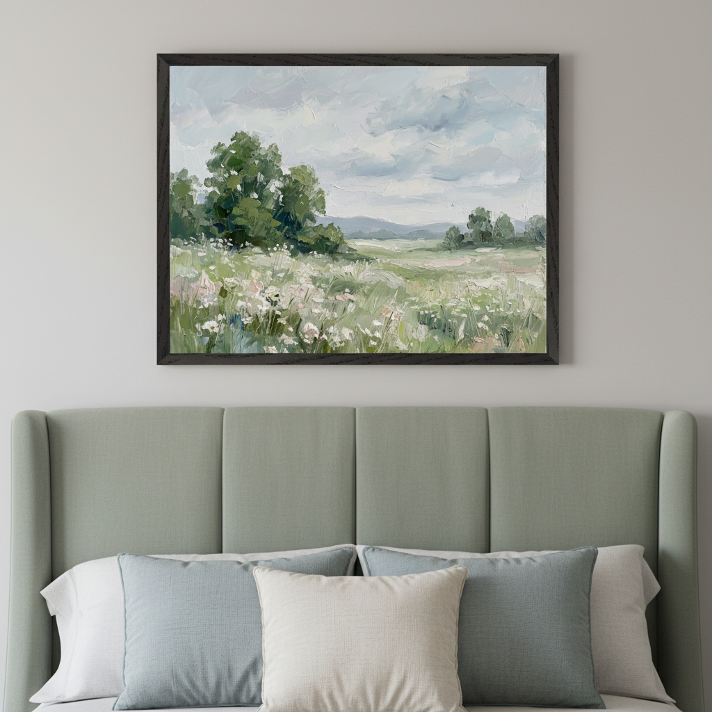 Bedroom with a light green upholstered headboard. A dark-framed, impasto oil painting of a green landscape with white wildflowers under a cloudy sky hangs above the bed. Light blue and off-white pillows are on the bed.