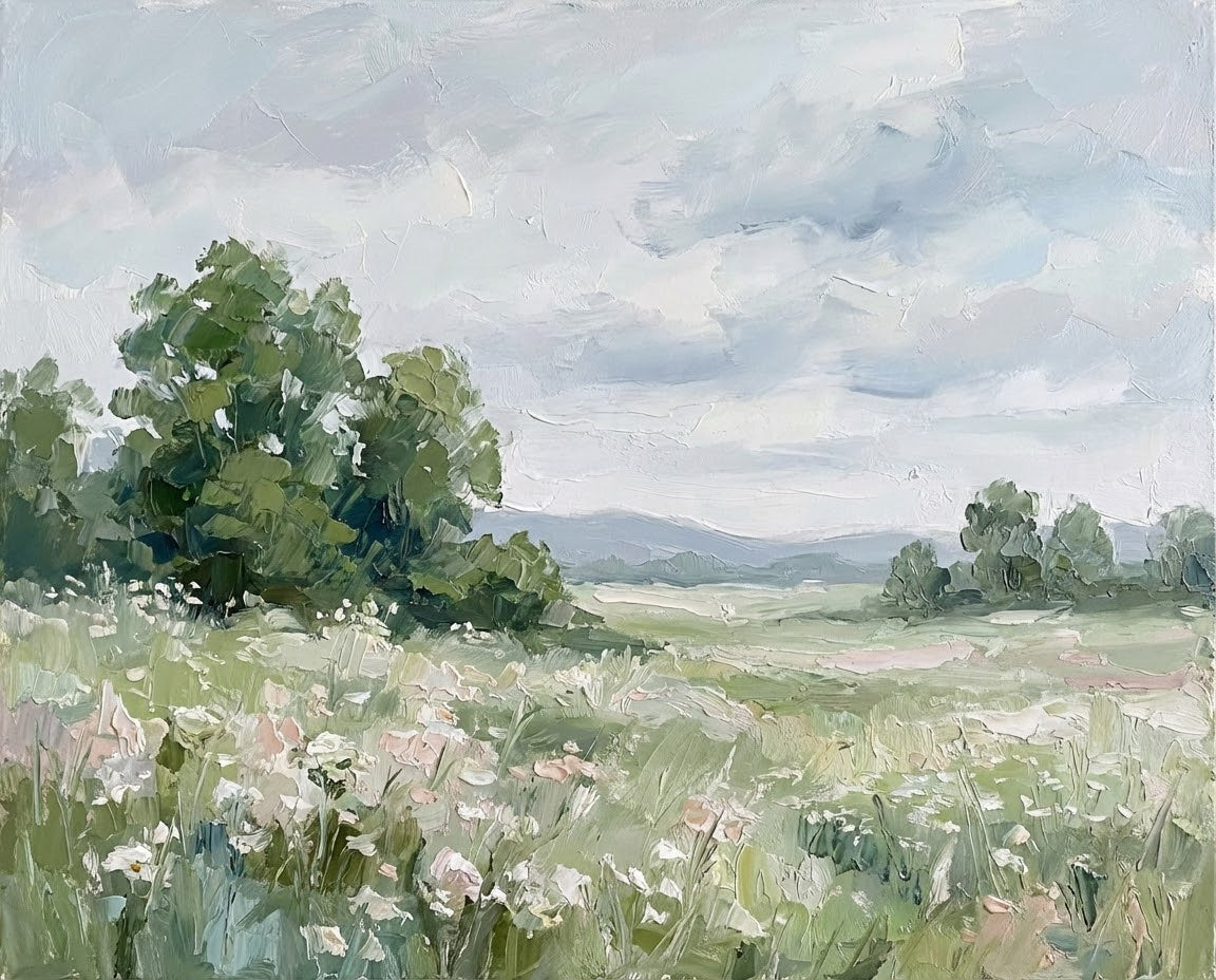 A soft, impressionistic painting of a meadow with lush green trees and wildflowers. The muted colors and loose brushwork create a calm, serene atmosphere, making this a perfect piece for anyone who enjoys peaceful landscapes and nature-inspired art.
