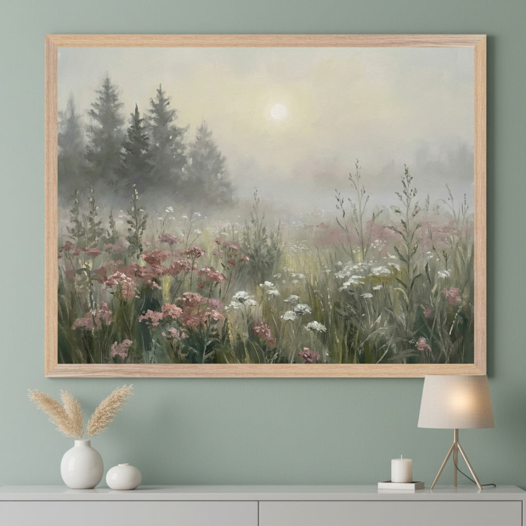 Modern room with a light green wall. A light wood framed painting of a misty field with pink and white wildflowers, tall grasses, distant evergreen trees, and a hazy sun hangs centered above a white credenza.