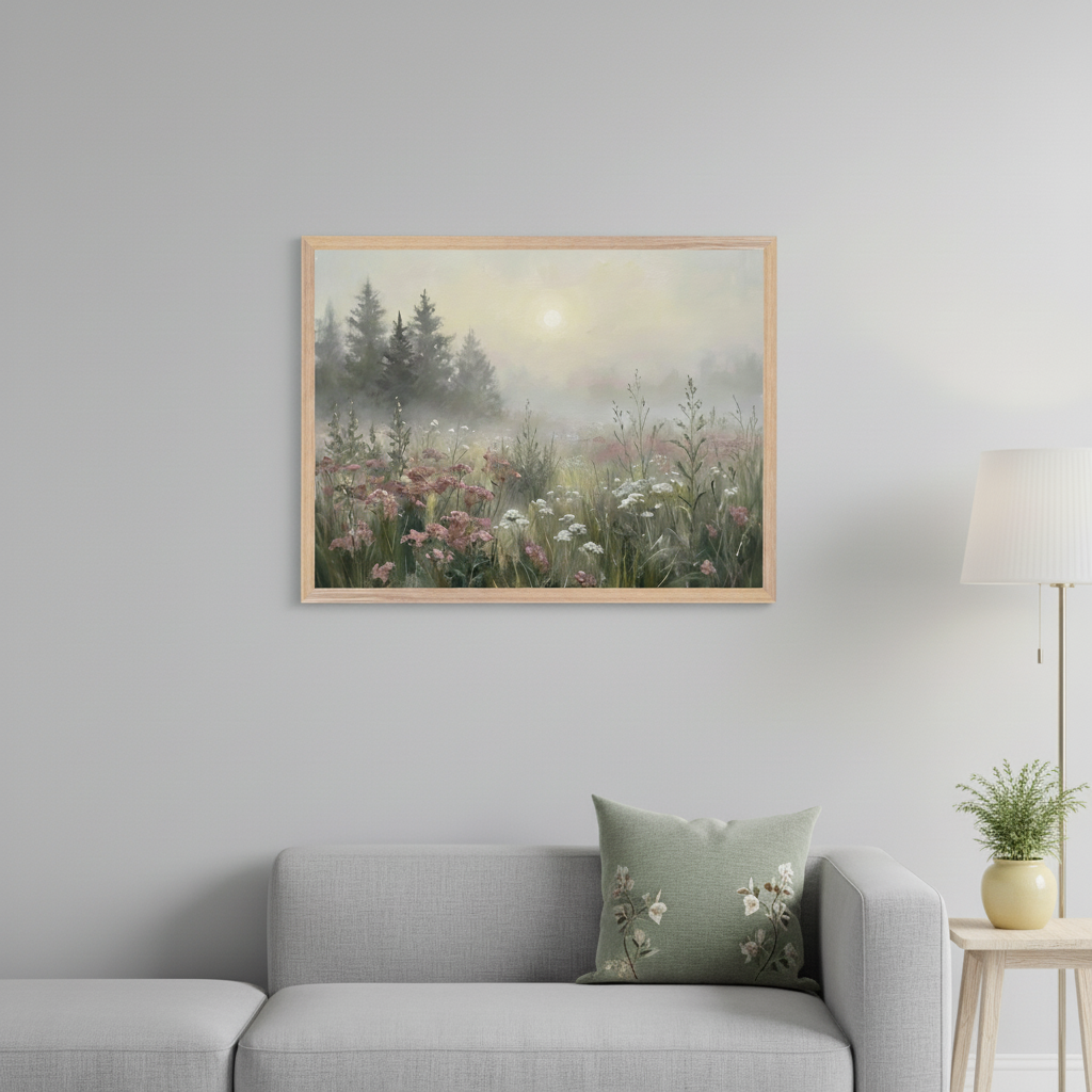 Living room featuring a gray sectional sofa with a green decorative pillow. A light wooden side table with a potted plant and a floor lamp stand to the right. A large framed landscape painting of a misty field with pink and white wildflowers and evergreen trees at sunrise hangs centered above the sofa on a light gray wall.