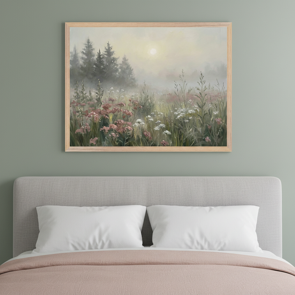 Modern bedroom with a sage green wall and a bed with a grey fabric headboard. A large framed oil painting of a misty field with pink and white wildflowers and evergreen trees, under a hazy sun, hangs centered above the headboard.