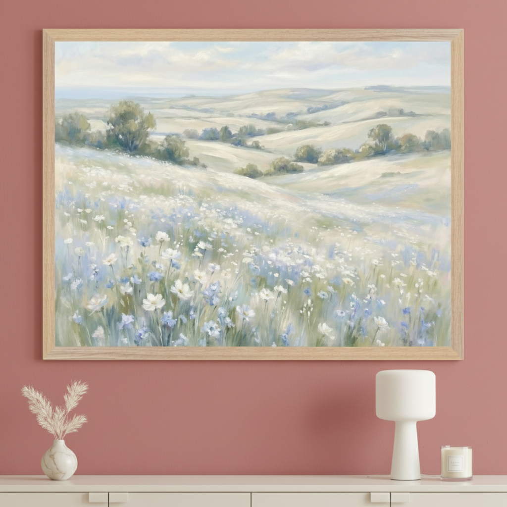 Modern room with a white console table. A large framed landscape painting of rolling hills covered in white and blue wildflowers hangs centered above it. A white vase, a lamp, and a candle sit on the table.