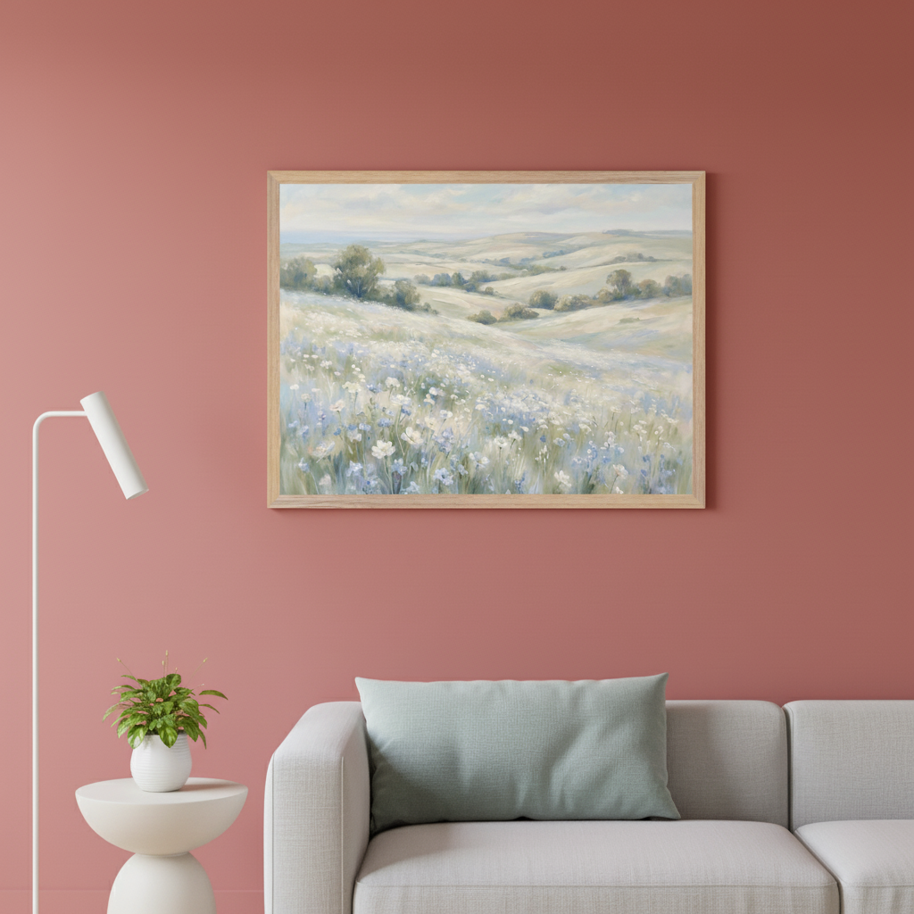 Modern living room with a gray sofa, white side table, and floor lamp on a pink wall. A light wood framed landscape painting of a field of white and blue flowers and rolling hills hangs above the sofa.