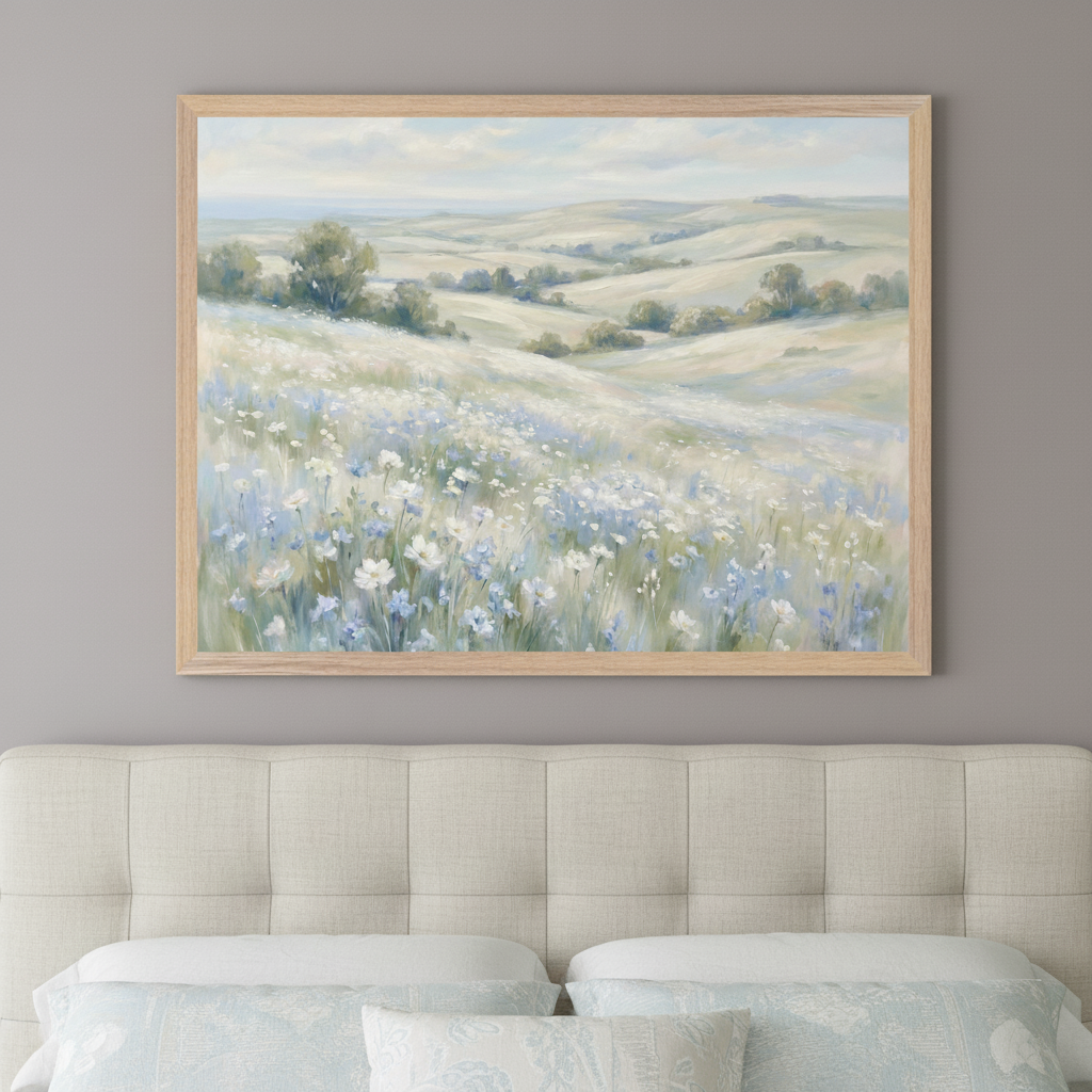 Bedroom with a beige tufted headboard. A large framed landscape painting hangs above the bed, featuring a field of white and blue flowers, rolling hills, and trees under a soft sky in an impressionistic style.