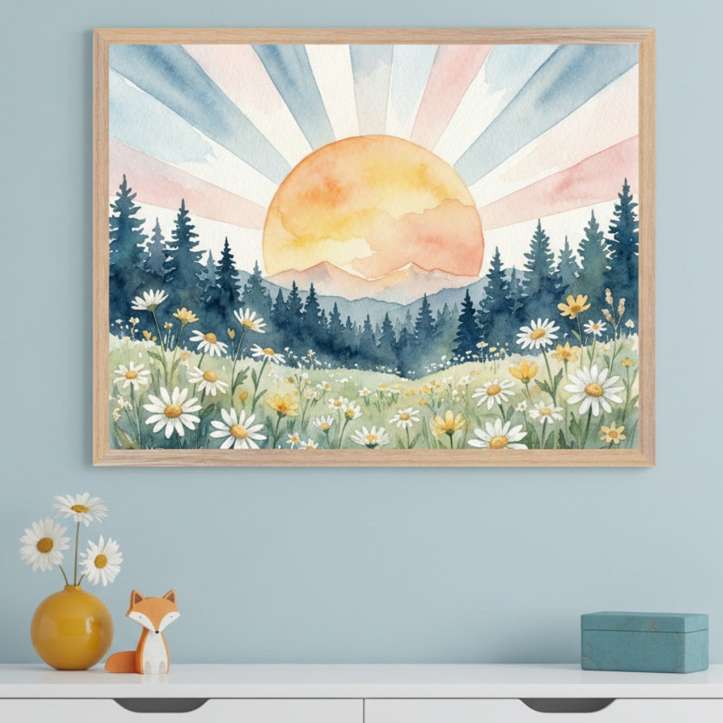 Modern room with a light blue wall and a white dresser. A framed watercolor painting of a sun with pastel rays over a dark forest and a field of white and yellow daisies hangs centered above the dresser.