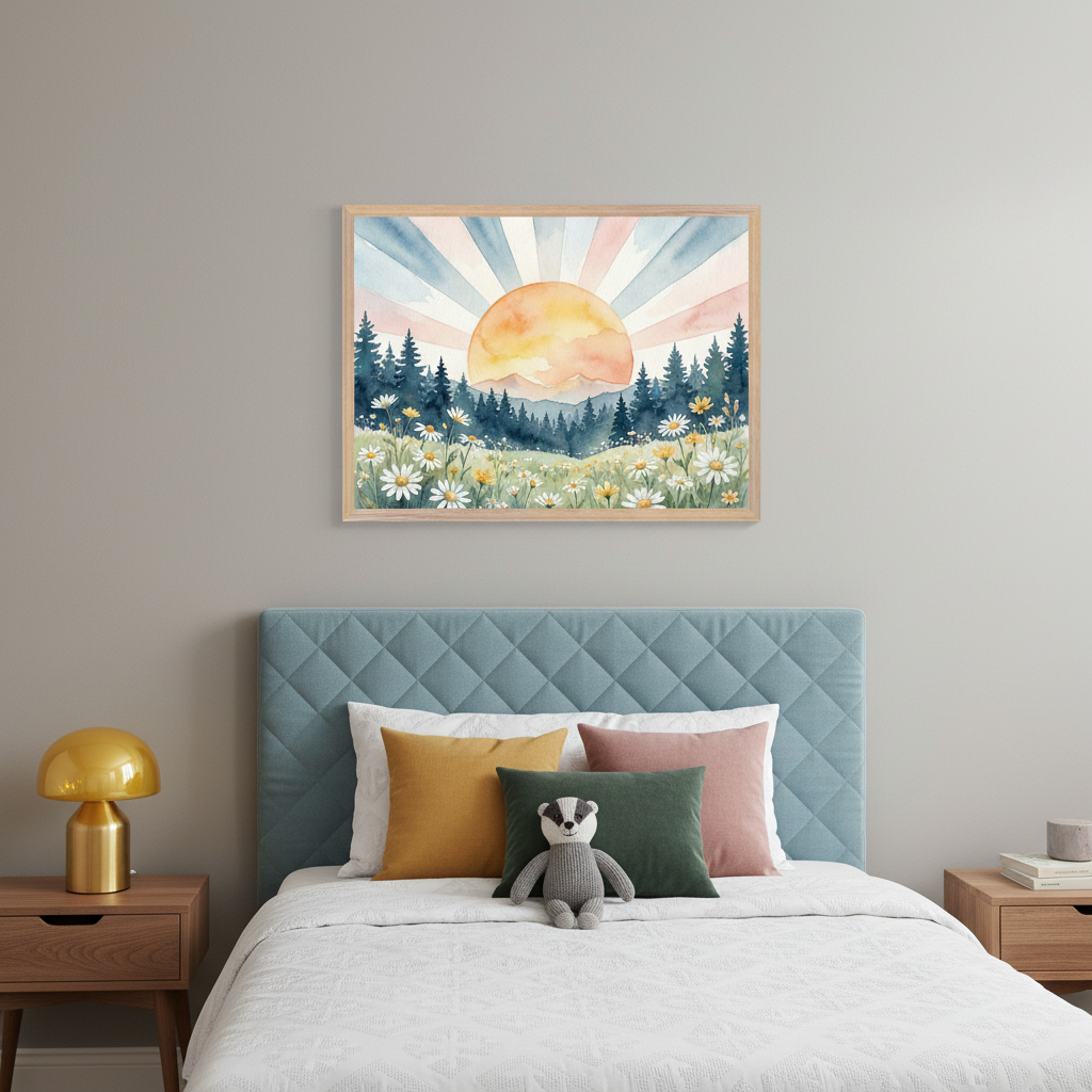 Kid's bedroom with a blue quilted bed and wooden nightstands. A framed watercolor landscape painting, depicting an orange sun with rays over pine trees, mountains, and a field of daisies, hangs above the bed.