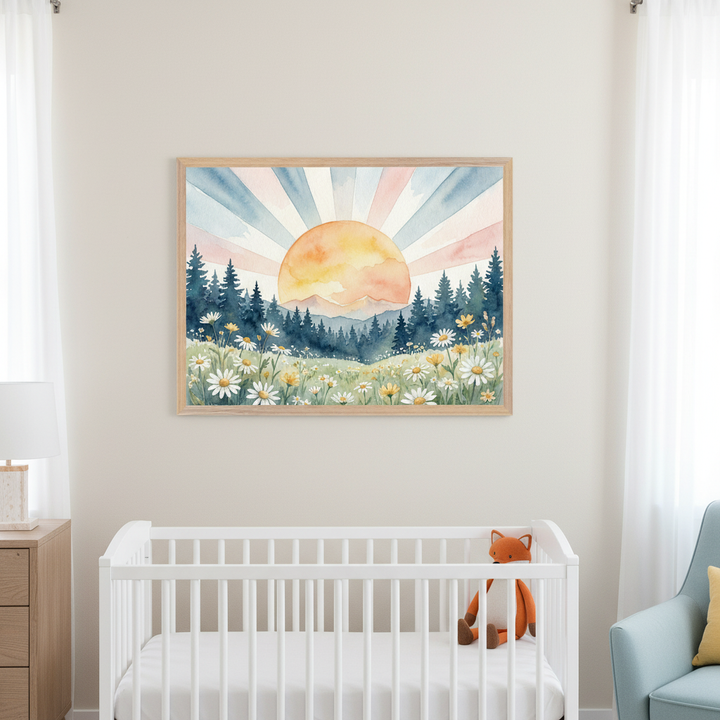 Modern nursery with a white crib below a large framed watercolor landscape. The painting features an orange sun with rays, mountains, pine trees, and a field of white and yellow daisies. A wooden dresser is on the left; a blue armchair on the right.