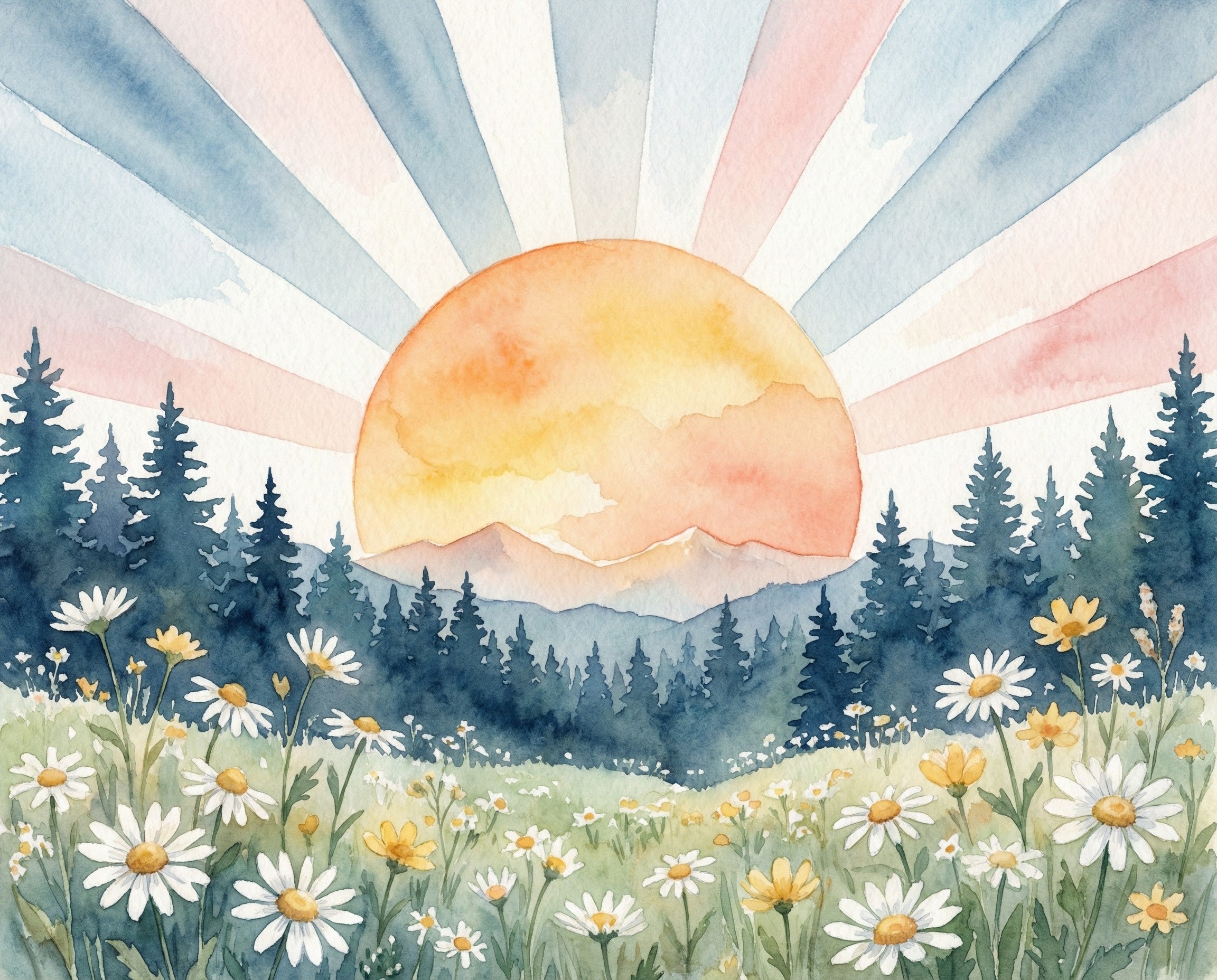 Cheerful watercolor painting of a large sun rising behind pine trees with a field of daisies in the foreground ideal for uplifting nature wall art for kids and adults
