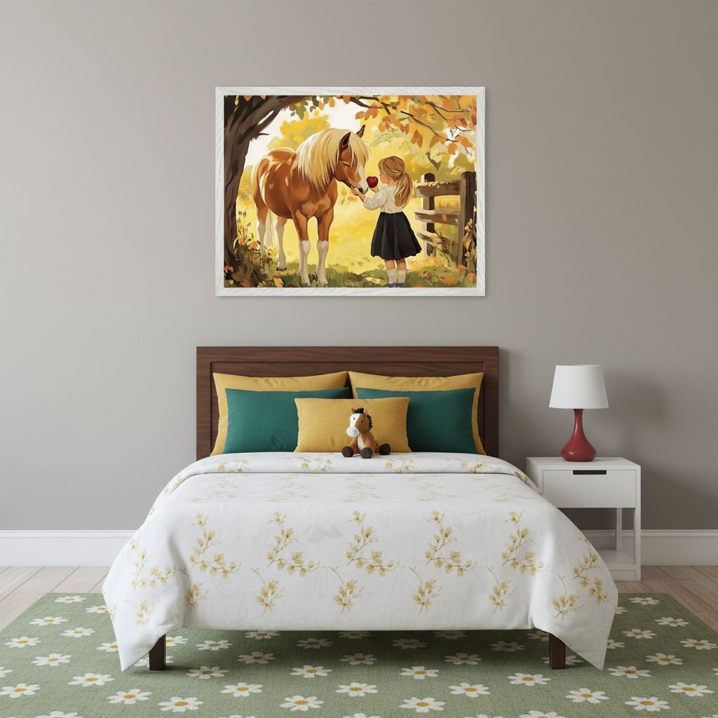 Kid's bedroom with a wooden bed. A large framed illustration of a girl feeding an apple to a horse in an autumn setting hangs centered above the bed.