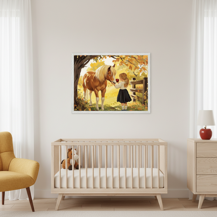 Modern nursery with a light wood crib, yellow armchair, and dresser. A framed illustration of a girl feeding an apple to a brown horse in an autumn landscape hangs centered above the crib.