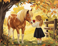 A young girl with blonde hair in a ponytail offers a red apple to a brown pony with a flowing mane, set in a sunlit autumn scene with golden leaves and a wooden fence in the background.