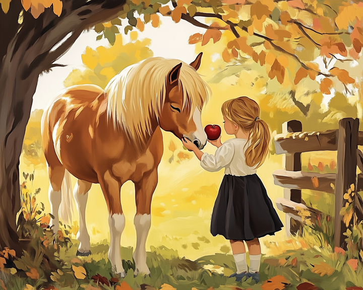 A young girl with blonde hair in a ponytail offers a red apple to a brown pony with a flowing mane, set in a sunlit autumn scene with golden leaves and a wooden fence in the background.