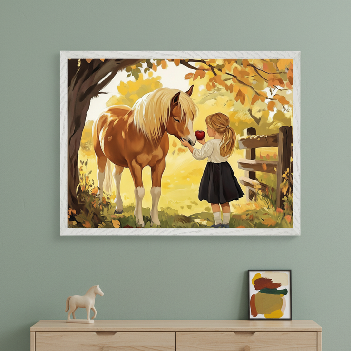 Framed illustration of a young girl offering a red apple to a light brown horse with a blonde mane under an autumn tree. The warm, golden background features falling leaves and a rustic wooden fence, creating a peaceful countryside scene above a dresser with horse-themed decor.