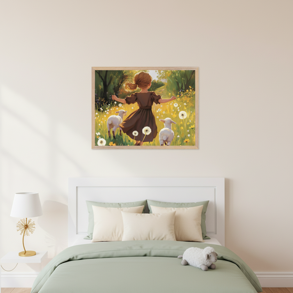 Kid's bedroom with a white headboard bed, light green bedding, and a white nightstand with a gold lamp. A framed illustration of a girl in a brown dress with two white lambs in a dandelion field hangs centered above the bed.