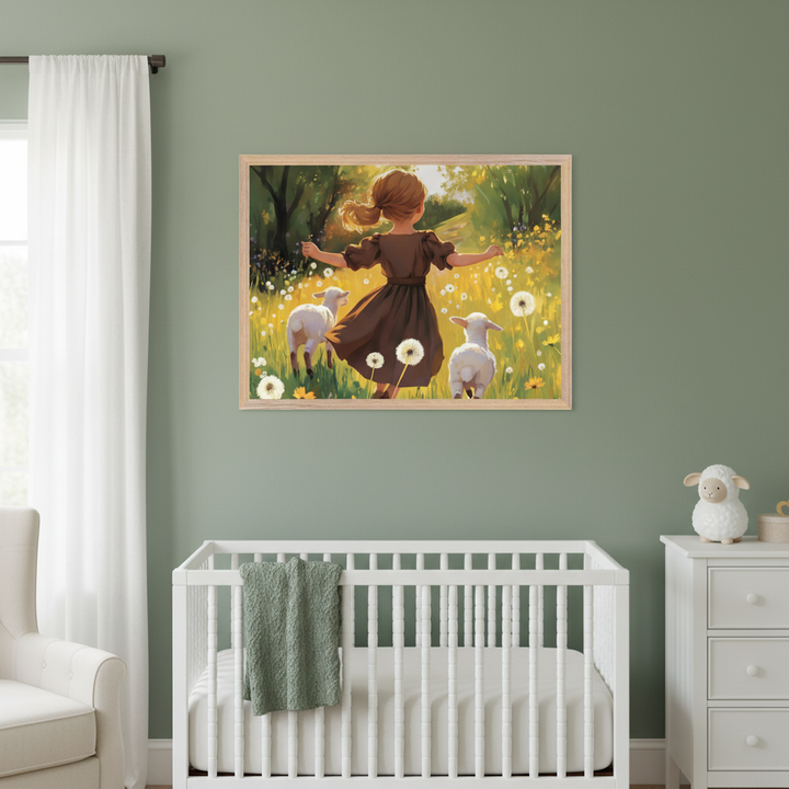 Modern nursery with sage green walls, white crib, and dresser. A framed painting of a girl in a brown dress skipping with two white lambs in a dandelion field hangs above the crib.