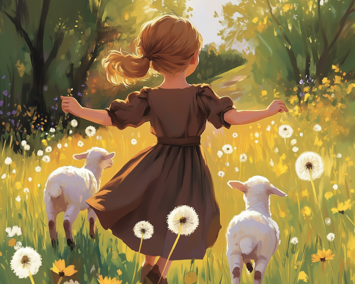 A young girl in a brown dress runs joyfully through a sunlit meadow, accompanied by two fluffy lambs. The field is filled with blooming dandelions and vibrant wildflowers, with lush green trees framing the scene.