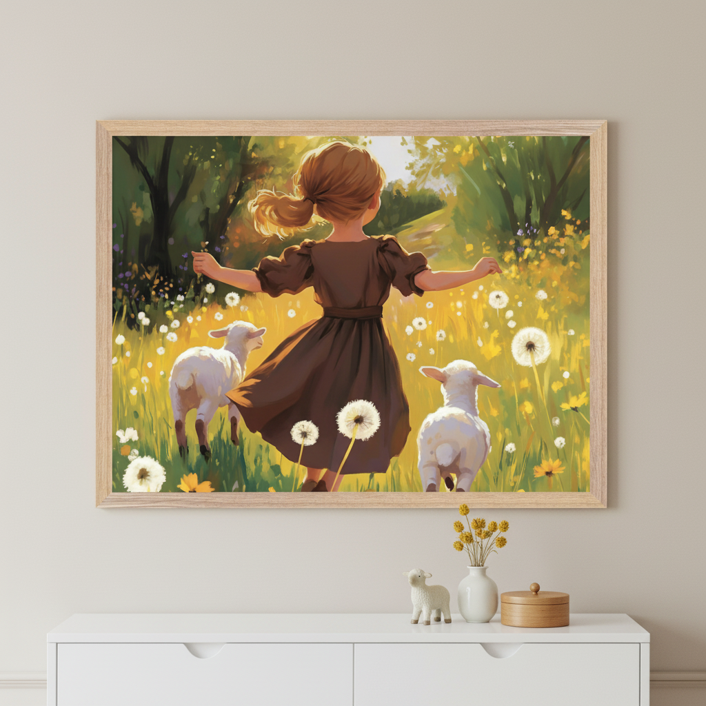 Framed artwork of a young girl in a brown dress running joyfully through a sunlit meadow with two white lambs, surrounded by dandelions and wildflowers. The scene sits above a white cabinet decorated with a ceramic lamb, a vase of yellow flowers, and a small wooden container.