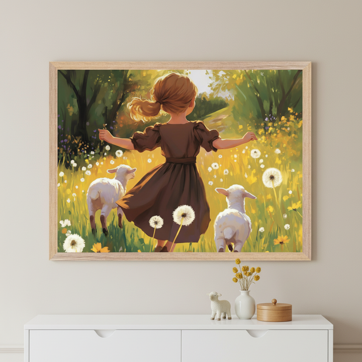 Framed artwork of a young girl in a brown dress running joyfully through a sunlit meadow with two white lambs, surrounded by dandelions and wildflowers. The scene sits above a white cabinet decorated with a ceramic lamb, a vase of yellow flowers, and a small wooden container.