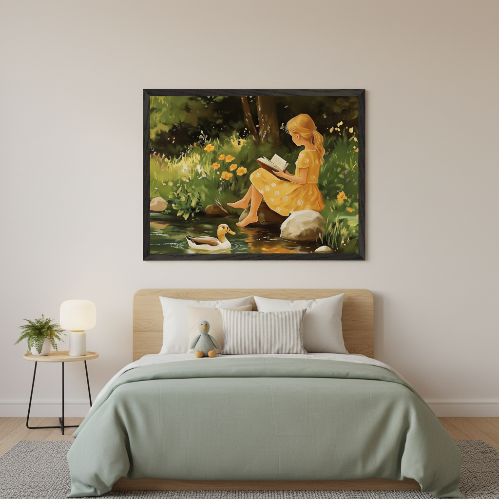 Modern kid's bedroom with a wooden bed and light green duvet. A large framed painting hangs above the bed, depicting a blonde girl in a yellow dress reading by a pond with a duck, surrounded by greenery and yellow flowers.
