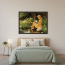Modern kid's bedroom with a wooden bed and light green duvet. A large framed painting hangs above the bed, depicting a blonde girl in a yellow dress reading by a pond with a duck, surrounded by greenery and yellow flowers.