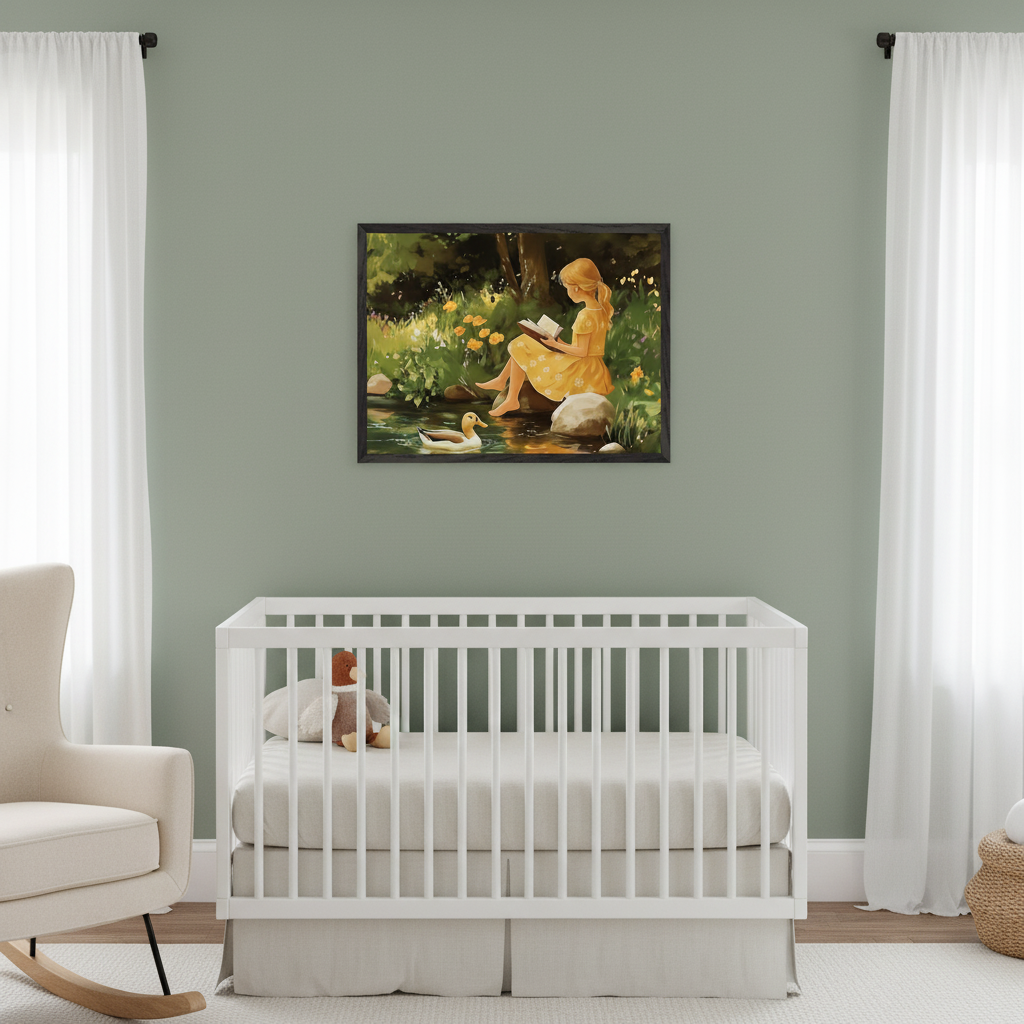 Modern nursery with a white crib and cream rocking chair. A black-framed painting of a blonde girl in a yellow dress reading by a pond with a duck swims nearby, amidst yellow flowers, hangs centered above the crib on a sage green wall.