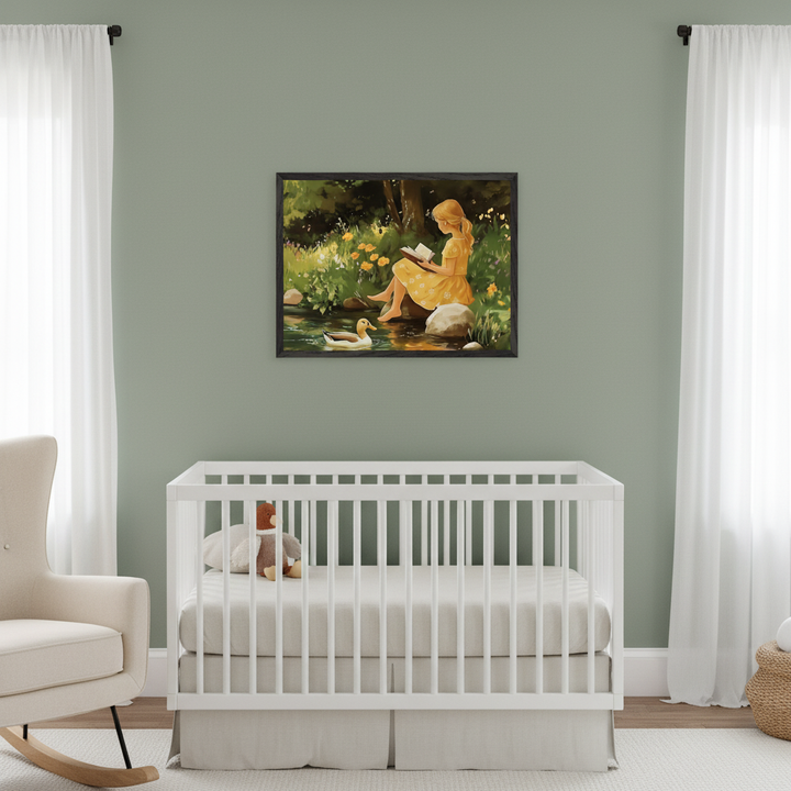 Modern nursery with a white crib and cream rocking chair. A black-framed painting of a blonde girl in a yellow dress reading by a pond with a duck swims nearby, amidst yellow flowers, hangs centered above the crib on a sage green wall.