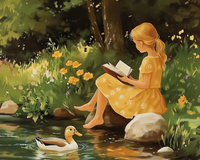 A young girl in a yellow dress sits on a rock by a stream, engrossed in a book. A duck swims nearby in the tranquil water, surrounded by vibrant wildflowers and lush greenery.