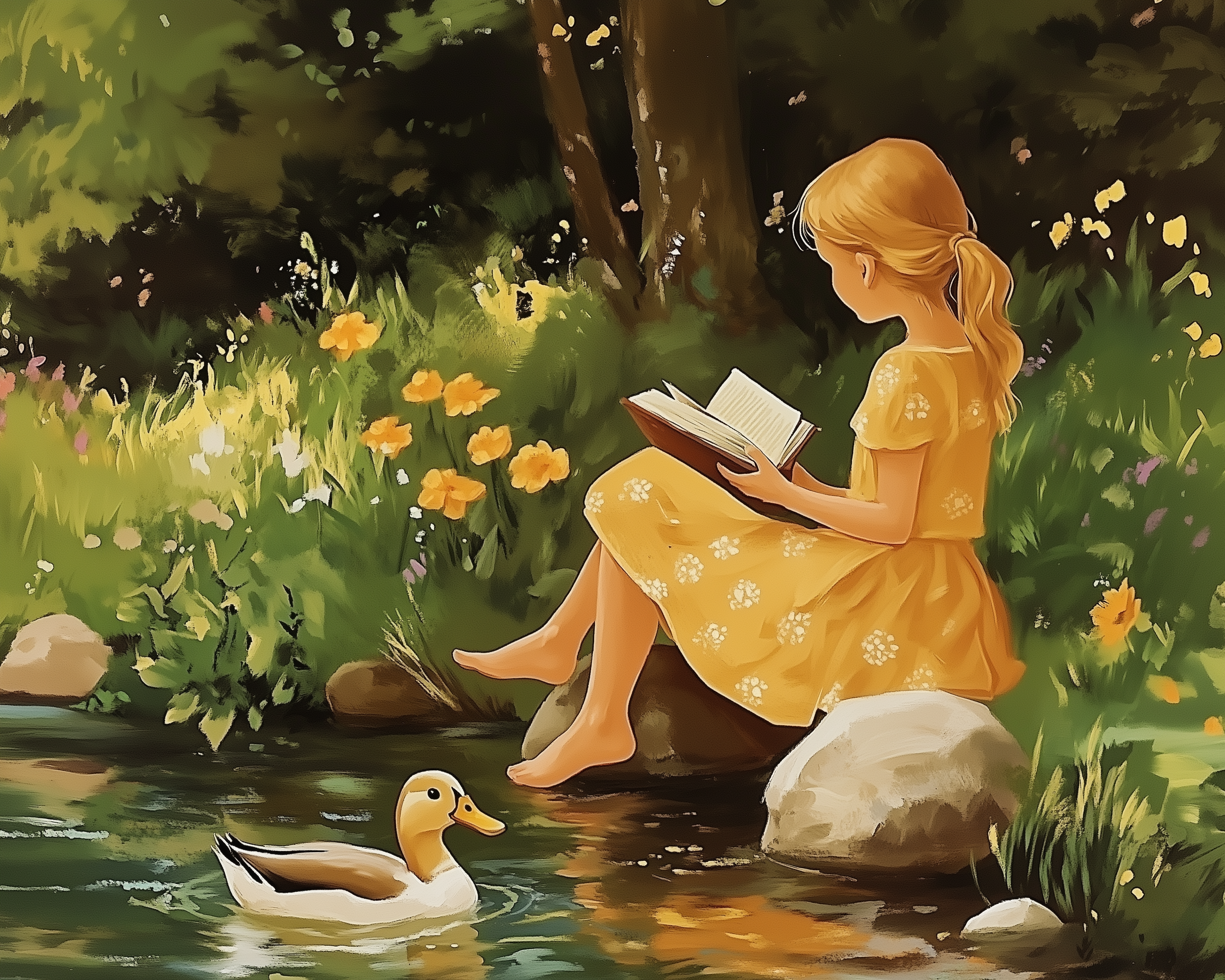 Meadow Pond Duck Wall Art for Nursery, Playroom or Kids Bedrooms - Peaceful Reading Friendship Scene - Book & Beak