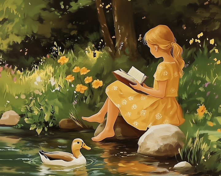 A young girl in a yellow dress sits on a rock by a stream, engrossed in a book. A duck swims nearby in the tranquil water, surrounded by vibrant wildflowers and lush greenery.