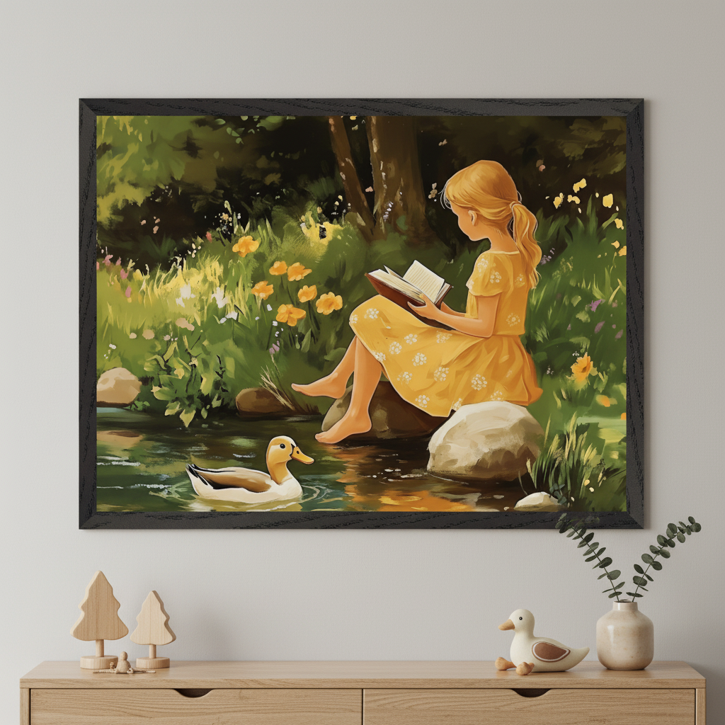 Meadow Pond Duck Wall Art for Nursery, Playroom or Kids Bedrooms - Peaceful Reading Friendship Scene - Book & Beak