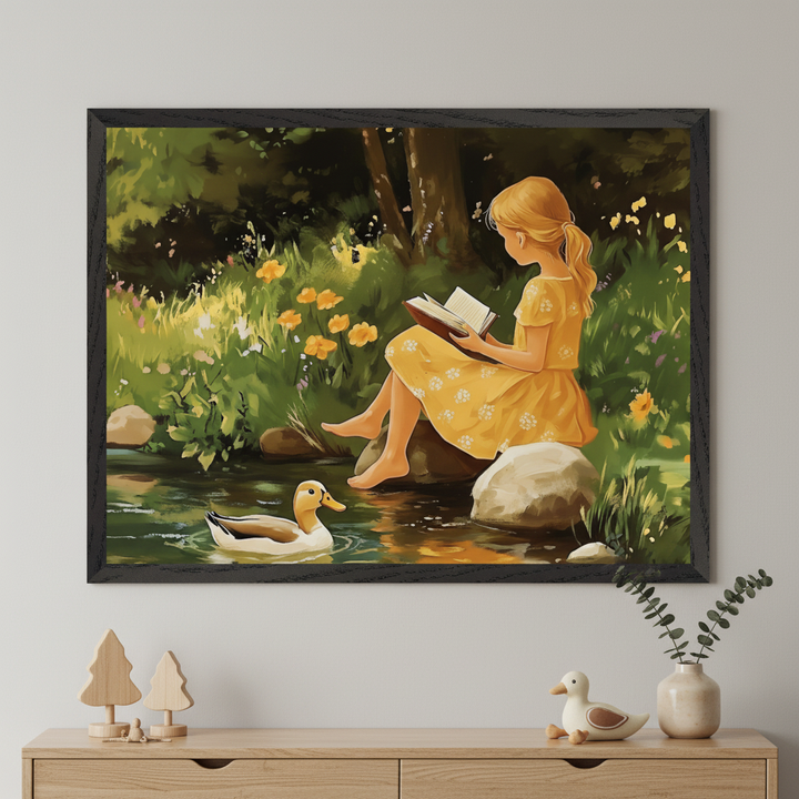 Framed painting of a girl in a yellow dress sitting by a stream, reading a book with her feet in the water, surrounded by yellow flowers and lush greenery. A duck swims nearby, and the artwork is displayed above a wooden dresser decorated with duck and tree figurines and a small vase.
