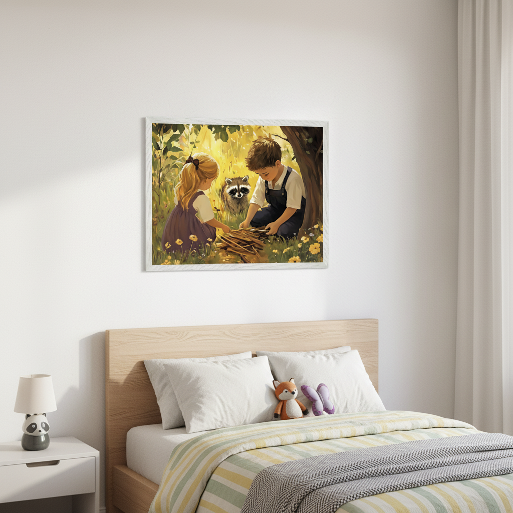 Kid's bedroom with a wooden bed and white nightstand. A framed storybook illustration of two children and a raccoon gathering sticks in a sunlit forest hangs above the bed.