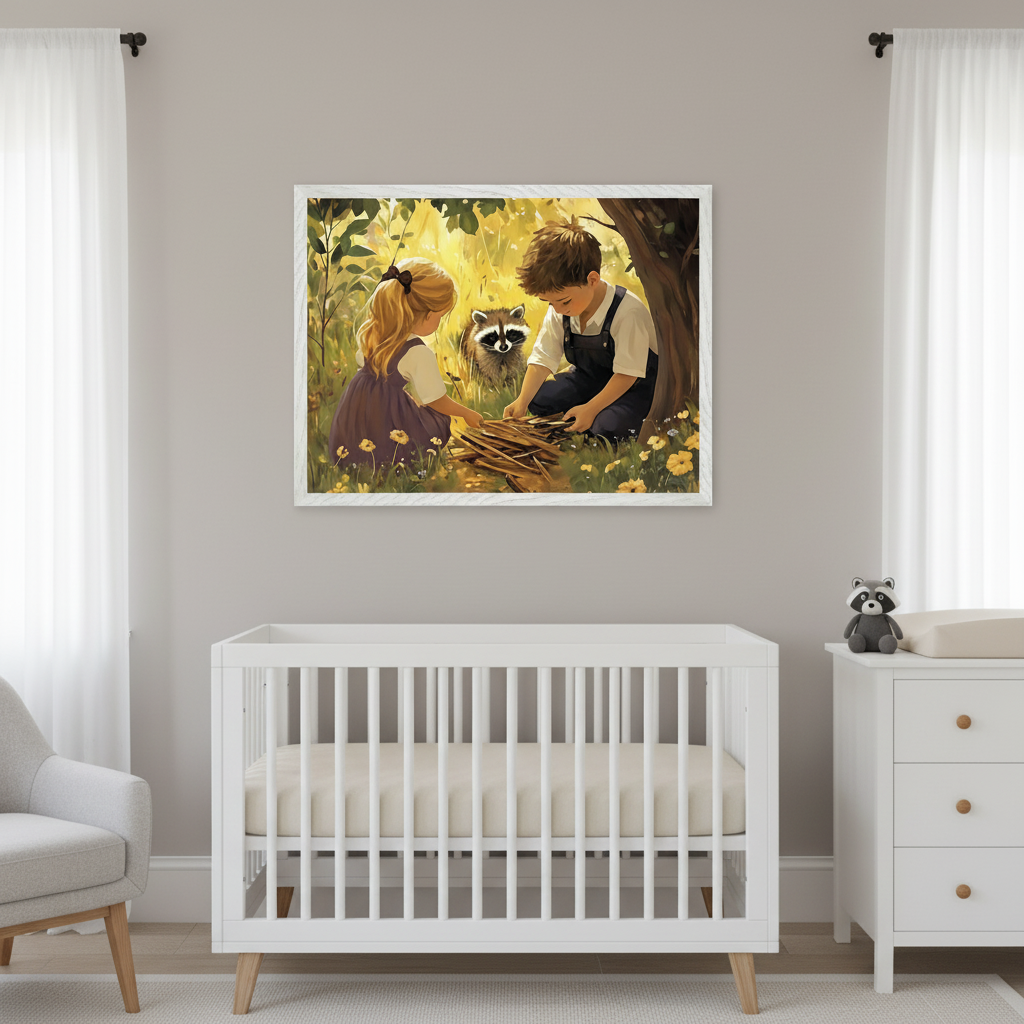 Modern nursery with a white crib, dresser, and gray armchair. A framed painting of two children and a raccoon gathering sticks in a sunny forest hangs centered above the crib.