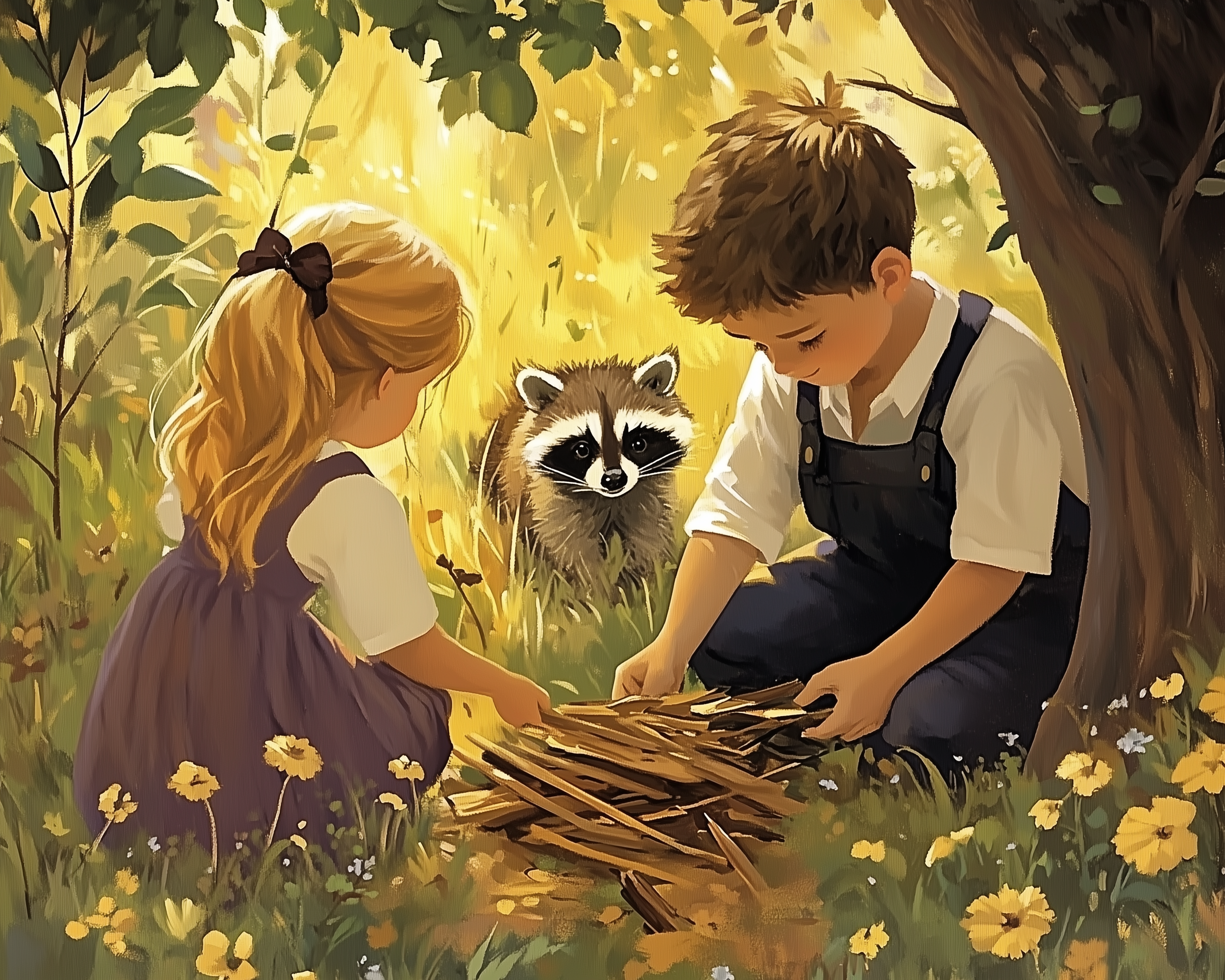 A young boy and girl are gathering sticks under a tree in a sunlit meadow, surrounded by yellow flowers. A curious raccoon watches them closely, adding a touch of whimsy to the peaceful scene.