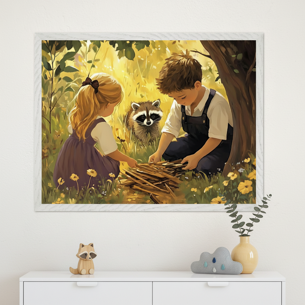 Framed illustration of a young girl and boy in vintage-style clothing gathering sticks in a sunlit meadow, with a curious raccoon watching nearby. The scene is framed by wildflowers and dappled sunlight, creating a nostalgic and whimsical woodland moment, displayed above a white dresser with soft animal-themed decor.
