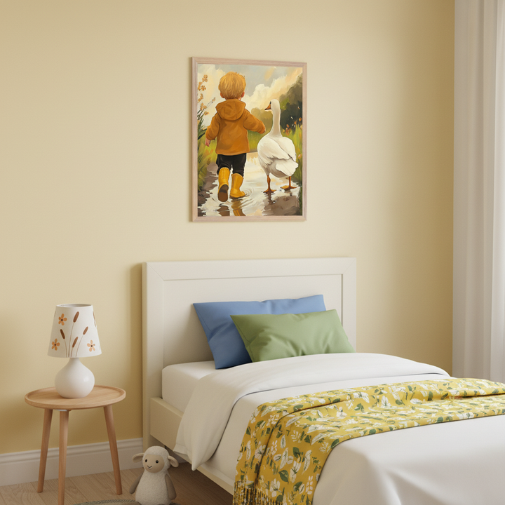 Kid's bedroom with a white bed and a round wooden side table. A framed illustration of a child in yellow boots walking with a goose in a puddle hangs centered above the bed's headboard.