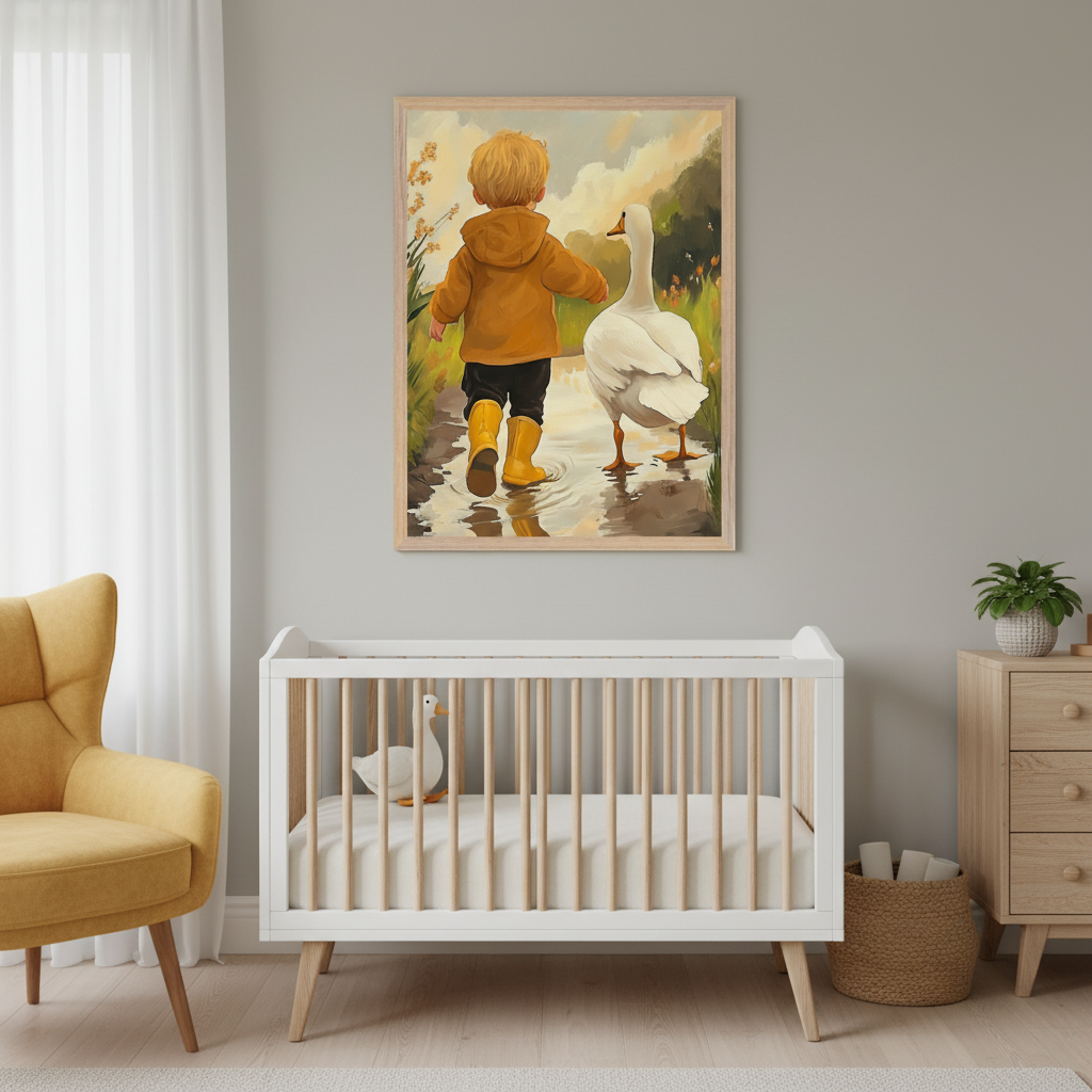 Modern nursery with a white and wood crib, yellow armchair, and wood dresser. A framed painting above the crib shows a child in yellow boots walking with a white goose in a puddle.