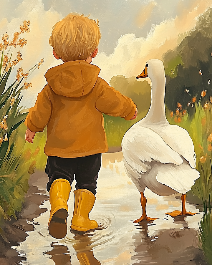 A young child in a brown jacket and yellow rain boots walks hand-in-hand with a white goose along a muddy path surrounded by tall grasses and flowers, under a cloudy sky.