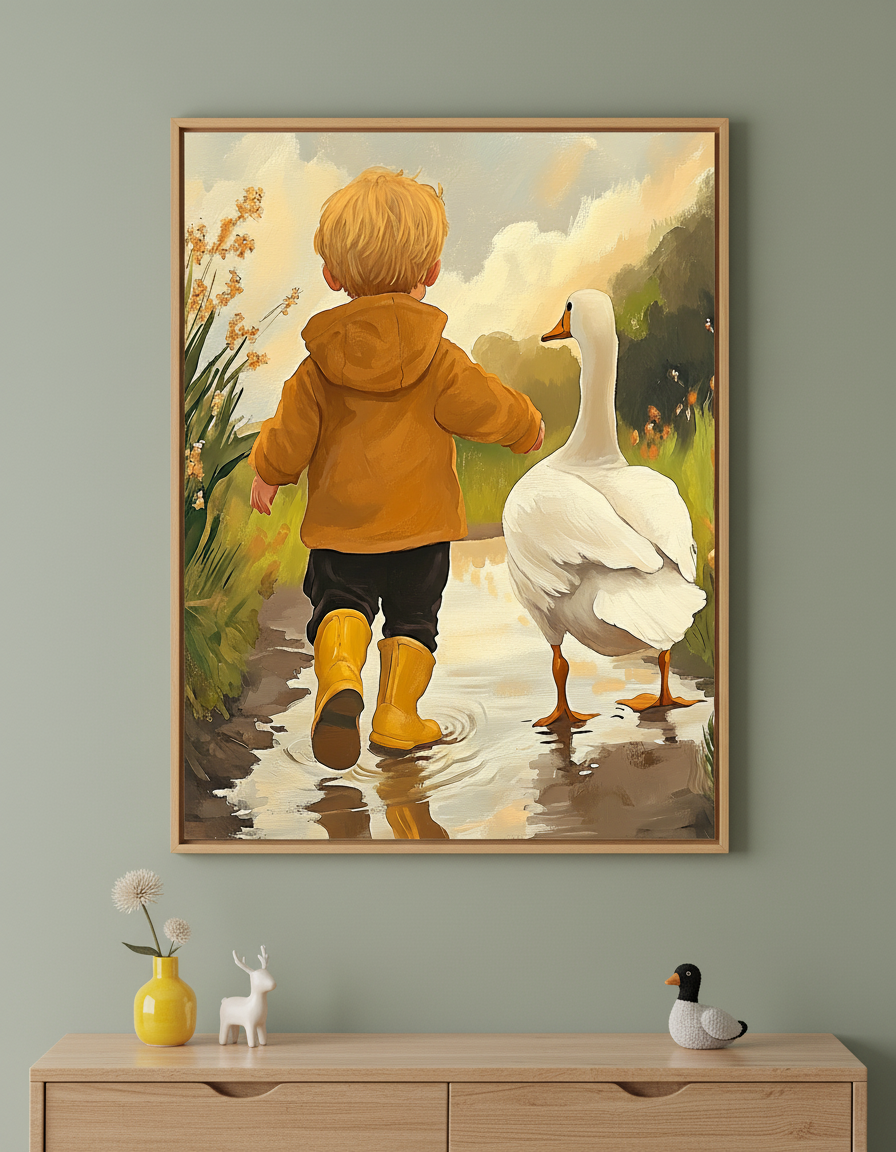 Framed illustration of a young child in a brown coat and yellow rain boots walking beside a white goose along a puddled path, with their reflections visible in the water. The scene is set in a soft, sunlit countryside, and the artwork hangs above a dresser decorated with playful animal-themed accents.