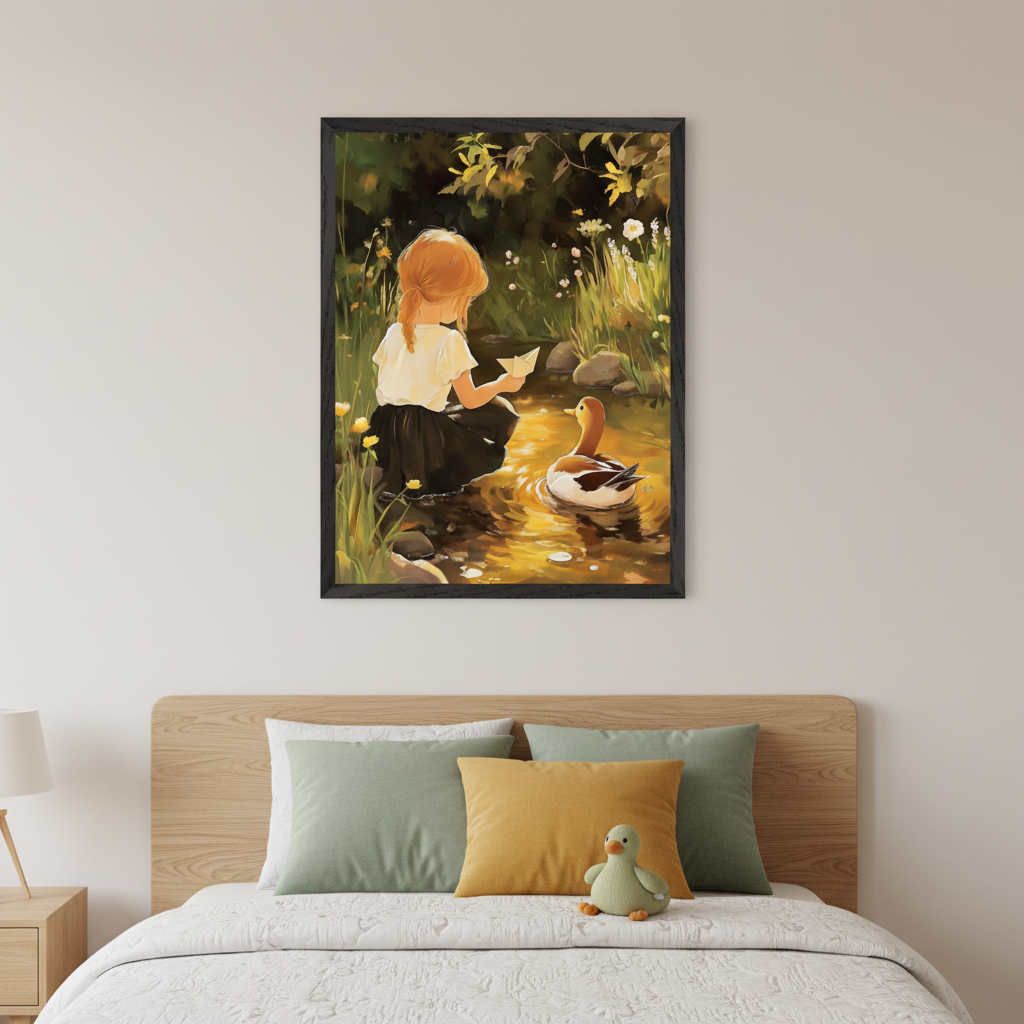 Modern bedroom with a wooden bed and headboard, white bedding, green and yellow pillows. A nightstand with a lamp is on the left. Above the bed, a framed painting shows a red-haired girl with a paper boat in a sunlit stream, next to a duck, in a painterly style.