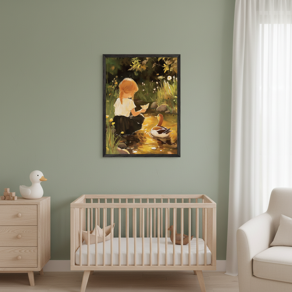 Modern nursery with a sage green wall, light wood crib, and matching dresser. A framed painting of a red-haired girl floating a paper boat to a duck in a golden stream hangs above the crib and dresser. A white armchair is partially visible on the right.