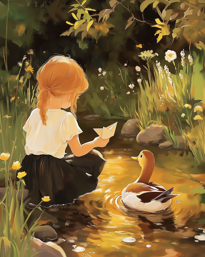 A young girl with braided hair sits by a sunlit stream, holding a paper boat. She watches a duck floating nearby, surrounded by lush greenery and wildflowers. The scene is tranquil and bathed in warm, golden light.