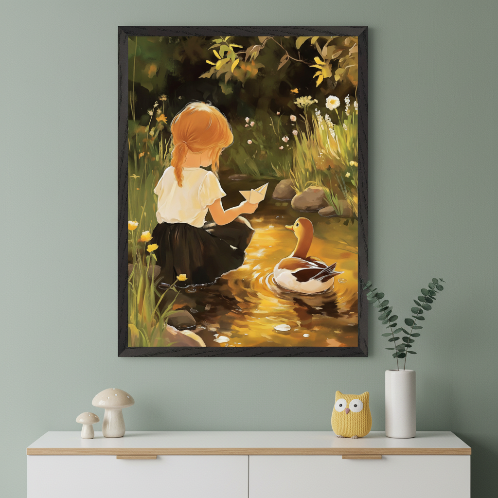 Framed painting of a young girl with red hair sitting by a golden-lit stream, holding a paper boat while a duck floats nearby among wildflowers and rocks. The artwork hangs above a white cabinet decorated with ceramic mushrooms, a yellow owl figurine, and a vase with eucalyptus.