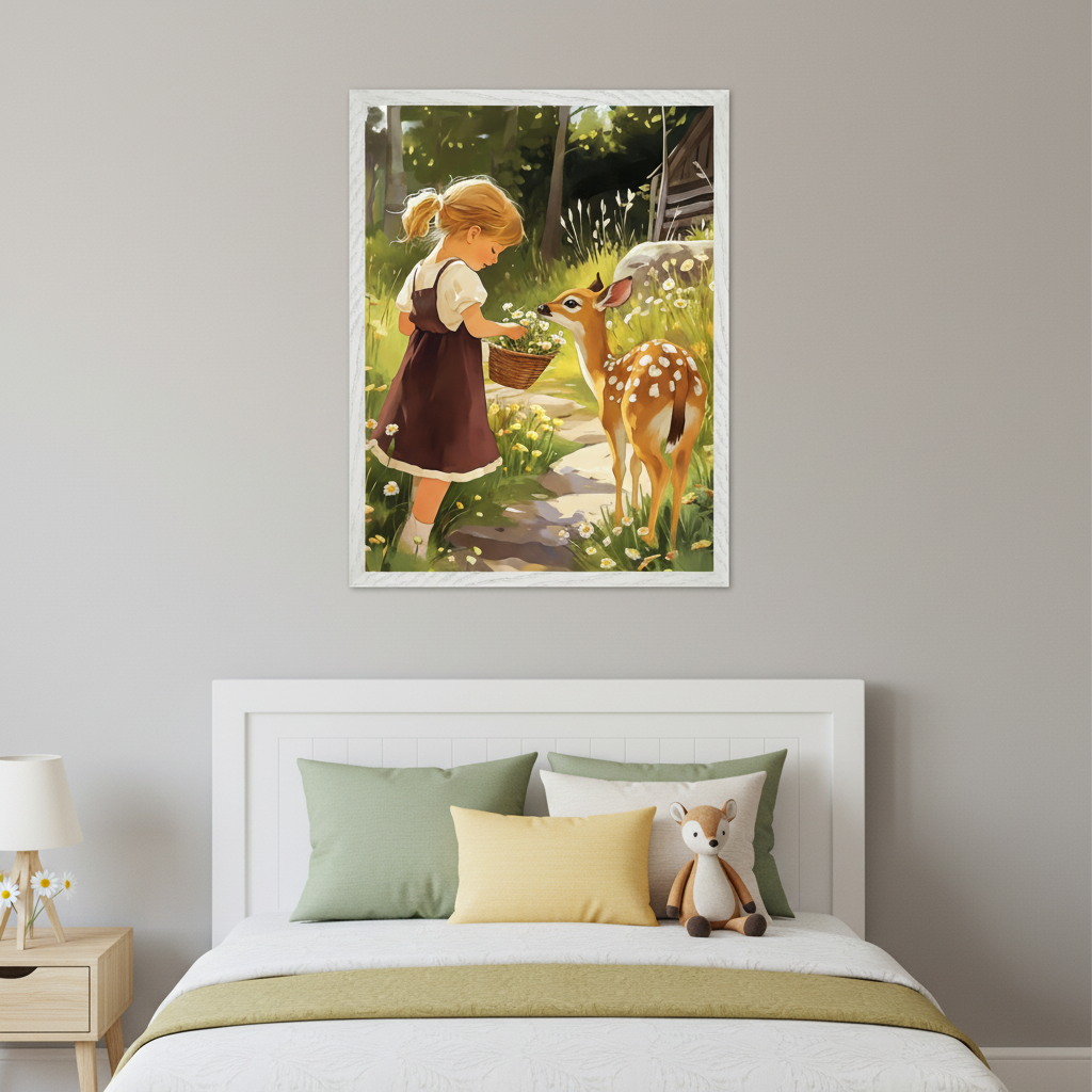 Kid's bedroom with a white bed, headboard, and wooden nightstand. A framed illustration of a blonde girl feeding white flowers from a basket to a spotted fawn on a grassy path hangs above the bed.