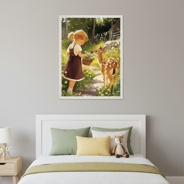 Kid's bedroom with a white bed, headboard, and wooden nightstand. A framed illustration of a blonde girl feeding white flowers from a basket to a spotted fawn on a grassy path hangs above the bed.