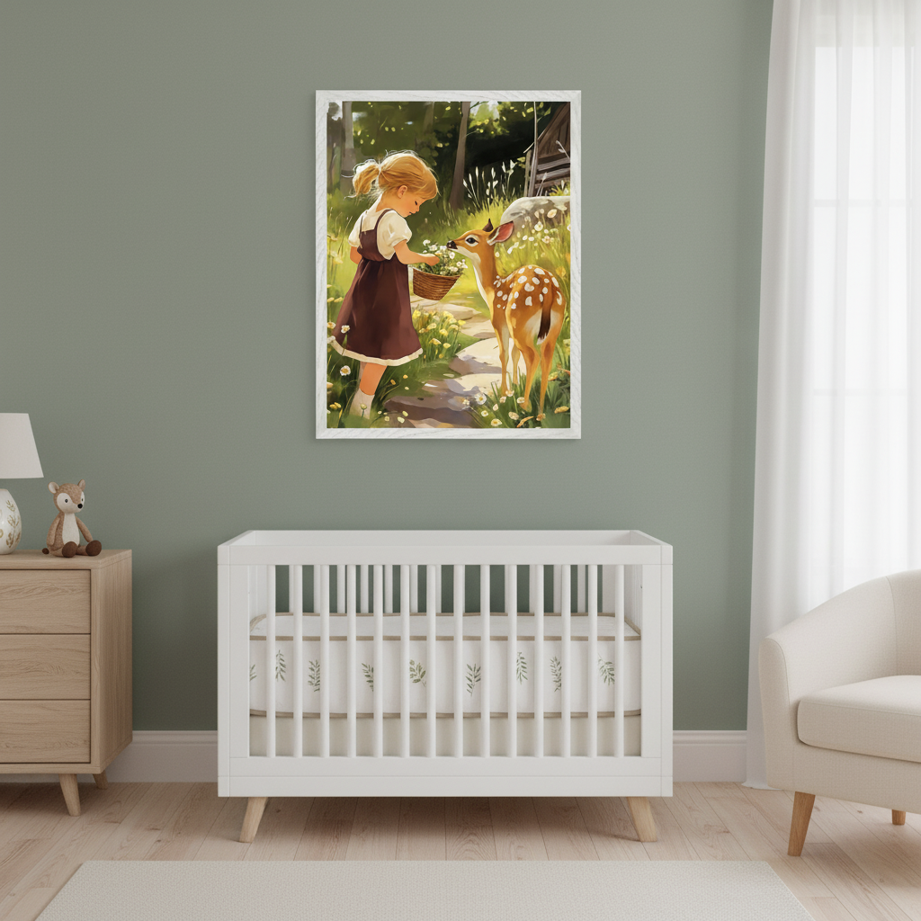 Modern nursery with a white crib, light wood dresser, and beige armchair against a sage green wall. A large framed illustration of a blonde girl feeding flowers to a spotted deer hangs above the crib.