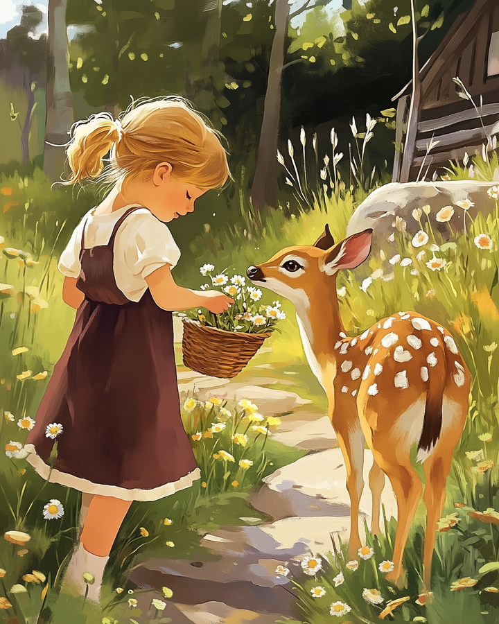 A young girl with blonde hair in a ponytail, wearing a brown dress with white trim, stands in a sunlit meadow holding a basket of daisies. She gently interacts with a fawn, which has white spots and stands curiously beside her. The scene is framed by wildflowers and a rustic wooden cabin in the background.