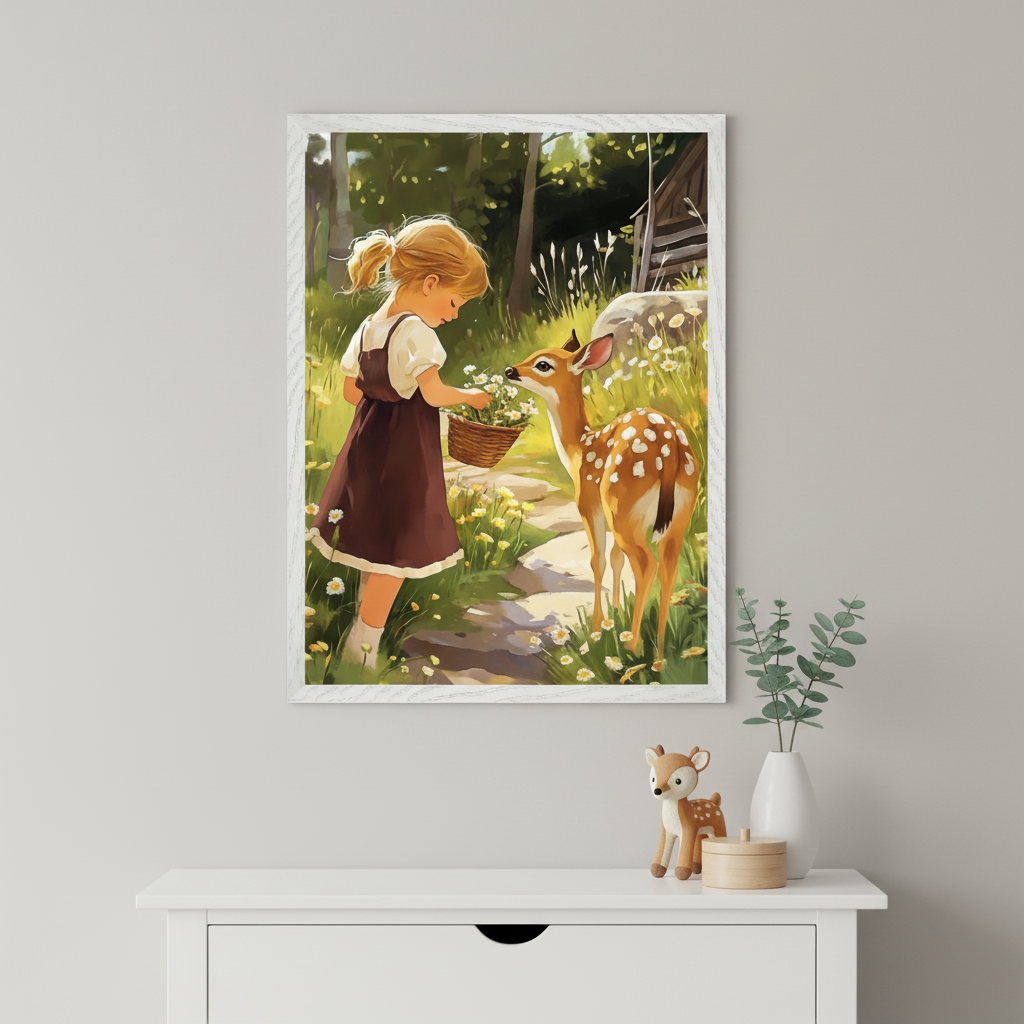 Framed painting of a young girl in a burgundy pinafore offering flowers to a spotted fawn on a sunlit garden path surrounded by daisies. The artwork is displayed above a white dresser adorned with a small deer figurine, a vase with greenery, and a wooden container.