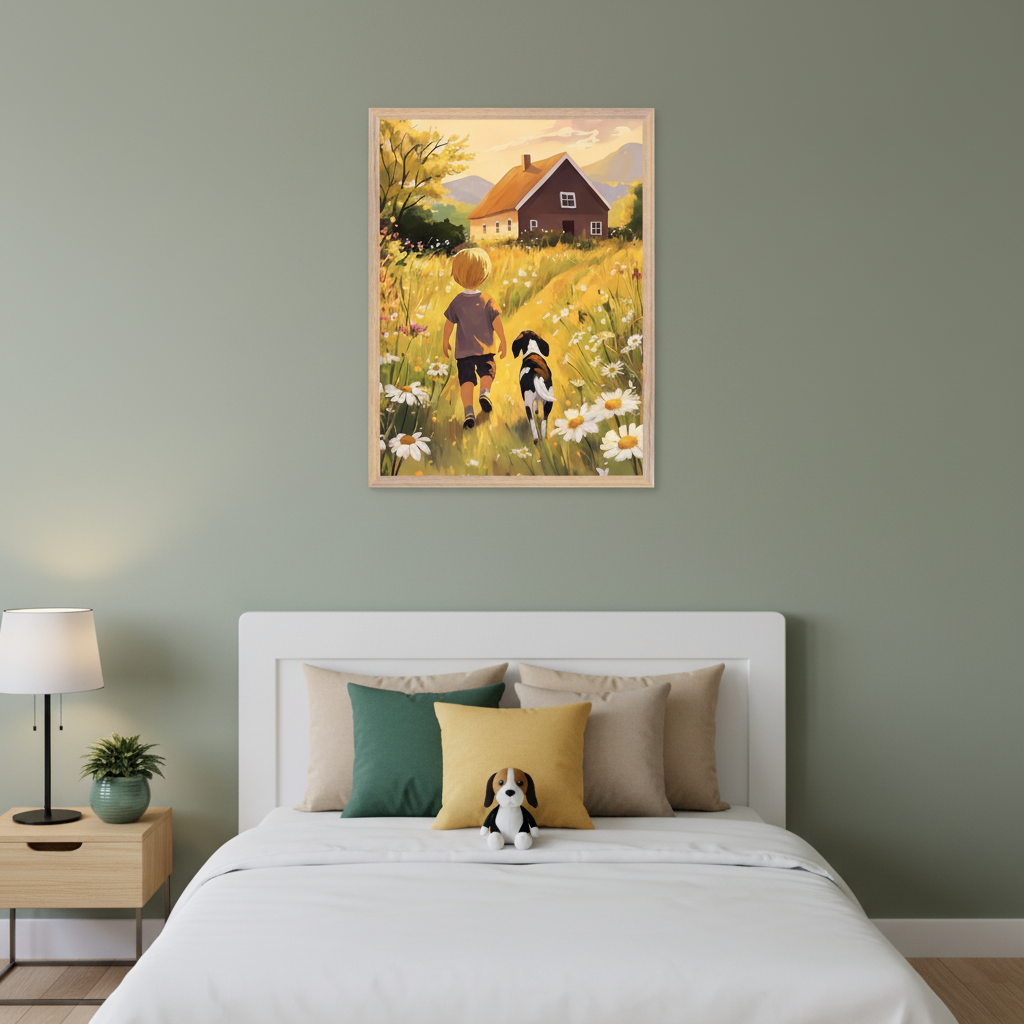 Bedroom with sage green walls, a white bed, and a light wood nightstand. A framed painterly print above the bed depicts a blond child and a dog walking through a daisy field toward a red-roofed house at sunset.